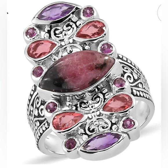 Rhodonite and Multi Gemstone Ring, Size 8, Platinum over Sterling Silver 4.7 ctw - Picture 1 of 6